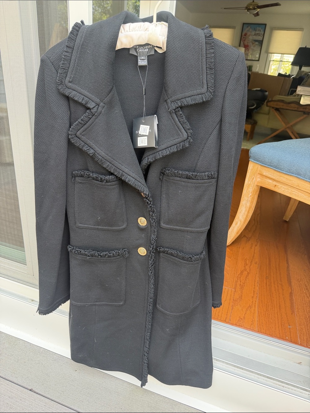 St. John Collection Black Tailored Knit Blazer Coat with Gold Buttons